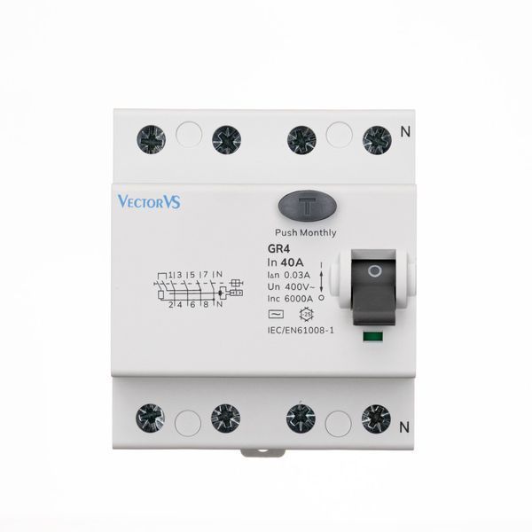 ПЗВ Vector 4P 40A 30mA тип AC 6kA для захисту від ураження струмом GRS404P030AC06 фото