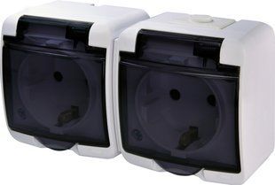 Розетка 2-я с защитной крышкой ETI Schuko RHE-2sd (белая/прозрачная крышка, IP54) 4668020 фото