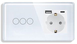 Сенсорний вимикач (3кл.) + Розетка з USB і Type-C | Біле Скло (G157D-SW3G-STUTC.WT) G157D-SW3G-STUTC.WT фото